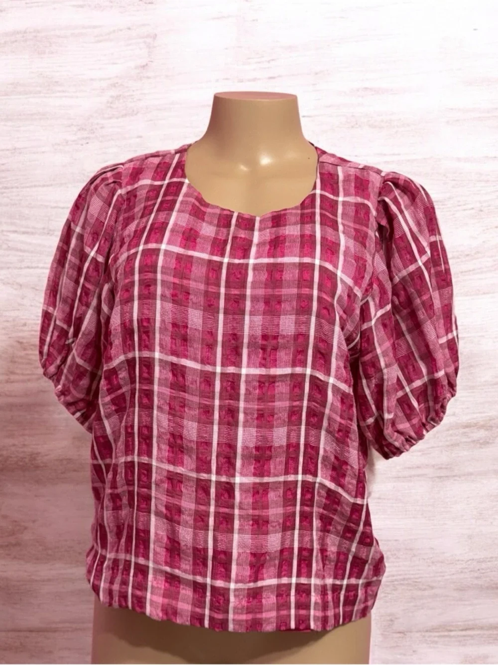 Madewell Plaid Puff-Sleeve Top Women's Sz S Bold Pink Textural Sheer Style MC052